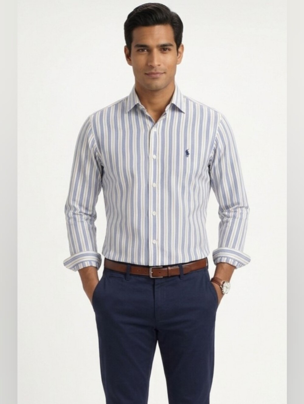 Polo By Ralph Lauren Striped Blue and White Cotton Dress Shirt Size L